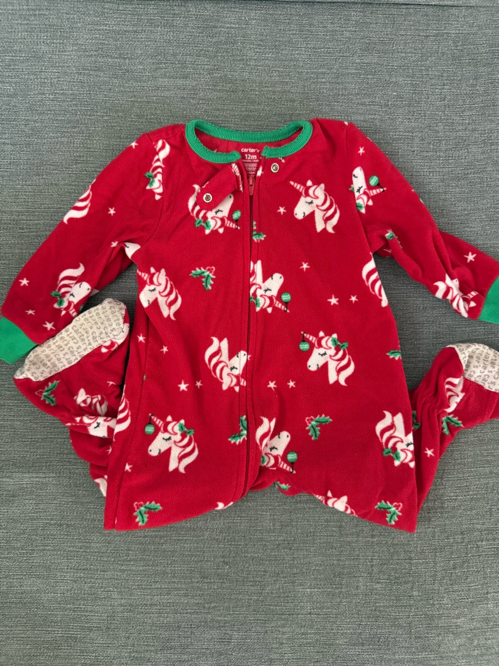 Carter's Red and Green Holiday Unicorn Fleece Zip Onesie
